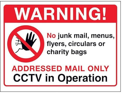 V Safety Warning!...Addressed Mail Only, CCTV in Operation, selbstklebendes Vinyl, Aluminium-Effekt, 150 x 100 mm