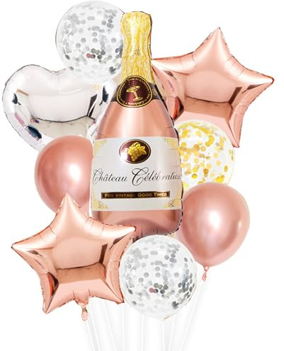 11 Stück Champagne Folienballon, Champagner Ballon, Rosegold Sektflasche Ballons, Weinflasche ballons, Rosa Stern Folie Luftballons, Bier Deko für Jubiläum Geburtstag Hochzeit Bierthema Party