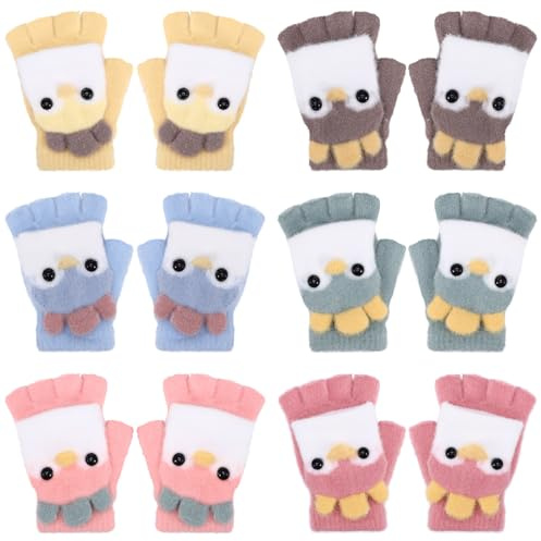kodinsiivous 6 Paar Fingerlose Kinder Fäustlinge mit Klappe, Süße Cartoon Handschuhe für Kinder 5-10 Jahre für Winter Weihnachtsgeschenke, Outdoor Aktivitäten