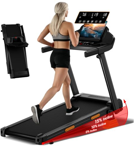 UMAY Tapis de Course Pliable 14KM/H | Tapis Roulant Electrique Pliable 3.0HP/2200W avec,APP,Tapis de Marche Silencieux avec 12 Programmes