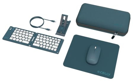 Celly, Kit Travel con Tastiera e Mouse Wireless, Set Completo per Lavorare Ovunque con Custodia Rigida in EVA, Tastiera Pieghevole, Mouse Senza Fili, Cavo USB-C, Supporto Smartphone e Tappetino, Blu