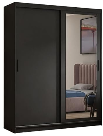 Margaret Hadas24 Kleiderschrank Henry mit Spiegel, Organizer, Mehrzweckschrank, Schwebetürenschrank, Garderobenschrank, Kleiderstange, Schrank, Schwebetürenschrank (schwarz, 120 cm)