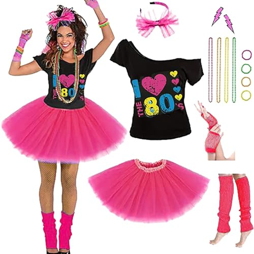 mojingder 80er Jahre Outfit Damen-Faschingskostüme Damen-Neon Party Outfit, Inklusive T-Shirt,Stirnband,BeinwäRmer,Armband,Haarband, Halskette,Armband,Brille Und Ohrringe FüR Die Karnevals-Neon-Party