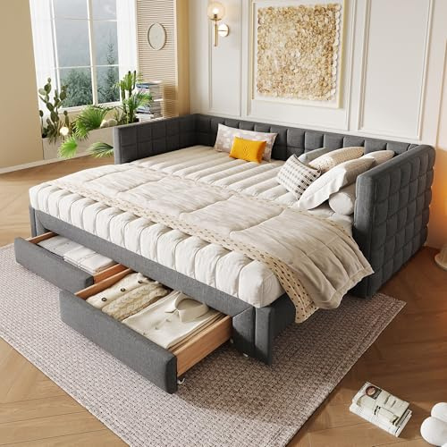 Stauraumbett mit Schubladen und Lattenrost, Liegefläche erweiterbar, Schlafsofa mit Bettfunktion, Sofabett, Polsterbett (grau, 90x200cm/180x200cm)