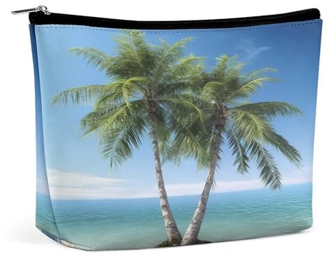 Travel Makeup Bags PU Leather Sea Palm Trees Cosmetic Bag with Zipper Large Toiletry Bag for Women Waterproof Portable Makeup Case Organizer Cute Zipper Pouch Make Up Bags