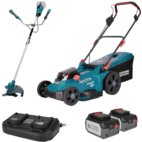 K&S Könner&Söhnen Akku-Gartengeräte-Set für die Rasenpflege KS 43LM-BCT40V-SET Akku Rasenmäher bürstenlosem Motor 40V Trimmer für die Rasenpflege,Doppelladegerät+2 Akkus 20V 4Ah als Geschenk