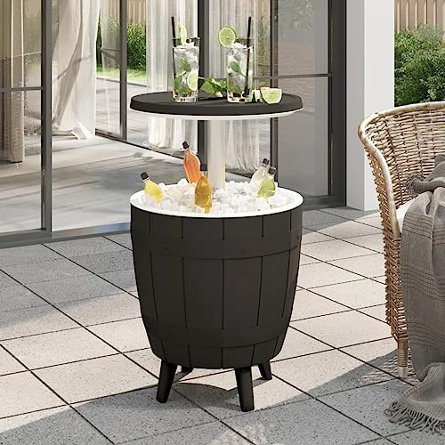 PUGYNBK Tavolo da giardino 3 in 1 con frigorifero in polipropilene, nero, utilizzabile come tavolino da cocktail e tavolino da caffè, con design effetto legno, tappo di scarico e sistema di chiusura a