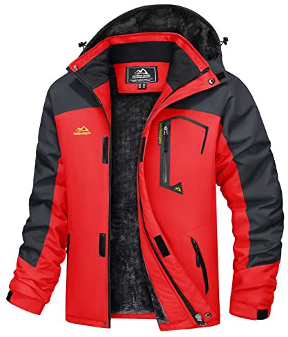 TACVASEN Herren Funktionsjacken Windbreaker Outdoorjacke Rengen Wasserdicht Übergangsjacken Fleece mit Multi-Taschen, Rot, XXL