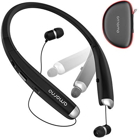 AMORNO Foldable Bluetooth Headphones, Wireless Neckband Sports Headset with Retractable Earbuds, Sweatproof Noise Cancelling Stereo Earphones with Mic