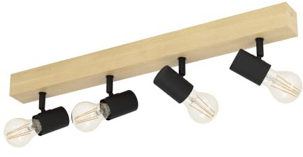 EGLO Deckenlampe Townshend 3, 4 flammiger Vintage Deckenspot im Industrial Design, Retro Lampe aus Stahl und Holz, Farbe: Schwarz, braun, Fassung: E27