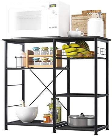 SDHYL Etagères de Cuisine Polyvalent avec Plan de Travail Meuble Rangement Desserte de Cuisine avec Panier de Rangement pour Fruits, Rangement pour Micro-Ondes, Four, Outils de Cuisine Noyer Noir