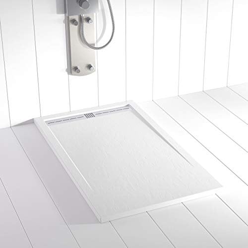 Plato de ducha Resina Shower Online FLOW - 80x160 - Textura Pizarra - Antideslizante - Blanco RAL 9003 - Incluye Rejilla Inox y Sifón - Todas las medidas disponibles