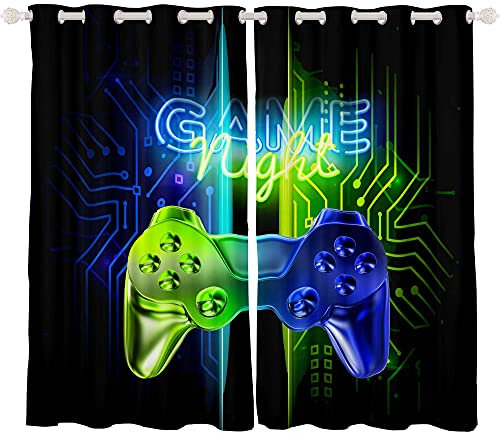 Loussiesd Game Fenstervorhang Schlafzimmer 245x140cm Gamer Spiel Zimmer Blickdicht Vorhänge Dekor Jungen Jugendliche Kinder Gaming Vorhang Blau Grün Neon Gamepad Vorhänge Dekor Set of 2er Panels