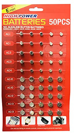 Assorted Mixed Alkaline Button Cell Batteries AG1/LR621 | AG3/LR41 | AG4/LR66 | AG10/LR54 | AG12/LR43 | AG13/LR44 Battery for Watches, Calculators, Key Fobs, Toys (Pack of 50)