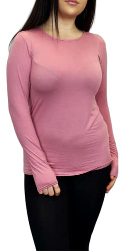 LUXFAB Women's Long Sleeve T-Shirt Top with Scoop Neck Soft Stretch Viscose Fabric Athletic Fit, Bright Colors, Sizes 8-26 Plus Comfert Stretch Ladies Rose Pink
