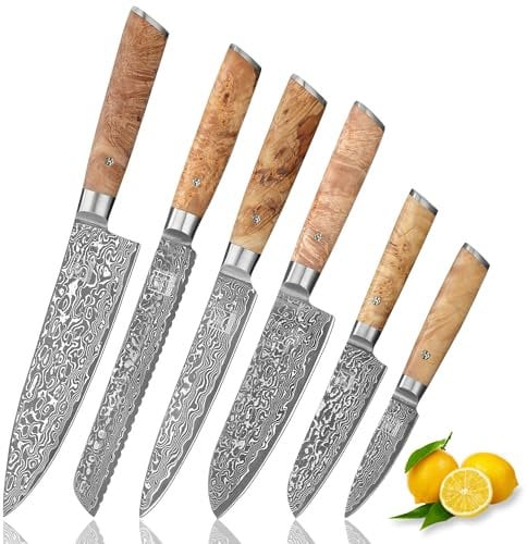 zayiko Kinone Damastmesser Set – 6-teiliges Küchenmesser Set mit 8–20 cm Klingen aus 67 Lagen Damaststahl (VG10) & Griff aus Birken-Wurzelholz – Scharfe Damast Kochmesser für präzise Schneidarbeiten