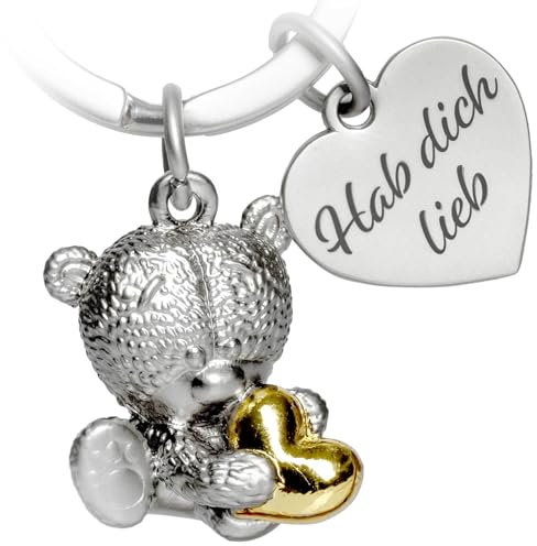 PAKADI Schlüsselanhänger Bärchen Felix Silber matt/Gold glänzend - Bär Talisman Familie Freunde Liebe- Glücksbringer aus Metall - Anhänger Tasche Schlüsselbund