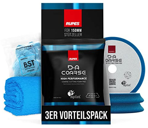 Polierpad Set: Rupes Bigfoot Polierschwamm für 150mm Stützteller - D-A Coarse Ø150-180mm blau (3 STK.) + ChemicalWorkz Premium Poliertuch 500GSM | 4-teilig