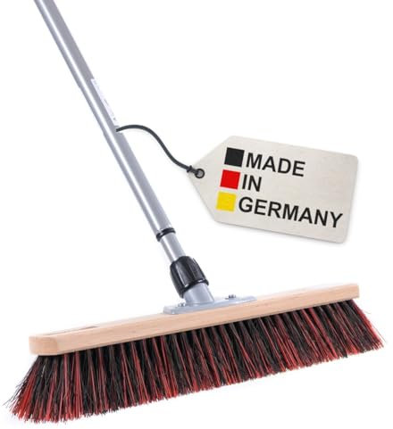 BawiTec Arengabesen mit Teleskopstiel, 50cm Breit/Lang, Arenga-Mix-Borsten für feinen und groben Schmutz, mit Metallstiel Teleskopstiel Stiel verstellbar, Besen Straßenbesen für draussen