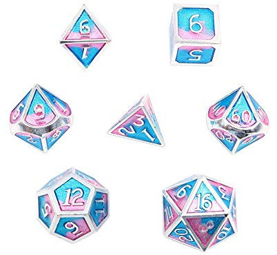 Fasizi 7-teiliges Metall-Würfel-Set, DND-Spiel, polyedrisches D&D-Würfel-Set aus massivem Metall, mit Aufbewahrungstasche für Rollenspiele, Dungeons und Drachen (Double Color Mix Blue and Pink)
