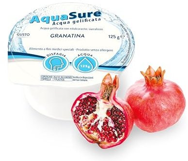 Abbott Nutrition | AquaSure 24 Confezioni x125 g | Acqua Gelificata per il trattamento dietetico di soggetti affetti da disfagia e problemi della deglutizione | gusto Granatina
