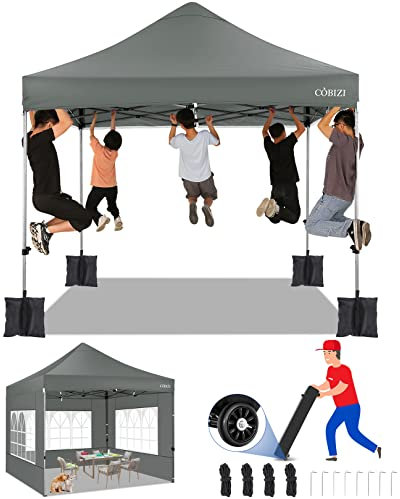 COBIZI Carpa Plegable 3x3m Impermeable con 4 Paredes, Gazebo de Jardín Anti-UV 50+ Carpa Exterior Resistente Cerrada para Mercado, Fiestas, Toldo con Bolsa con Ruedas,Gris