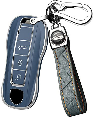 ontto Coque de clé de voiture en TPU pour Porsche Panamera 971 Cayenne Macan 911 718 Boxster Télécommande 3 boutons Coque porte-clés Sac porte-clés Protection Accessoires Gris Bleu B