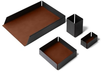 eglooh - Moire - Schreibtisch Set mit Struktur aus schwarzem Stahl - Innerer Boden aus Leder Orange Braun - 4 Stücken: Taschenleerer, Stiftehalter, Ablagefächer, Visitenkartenhalter