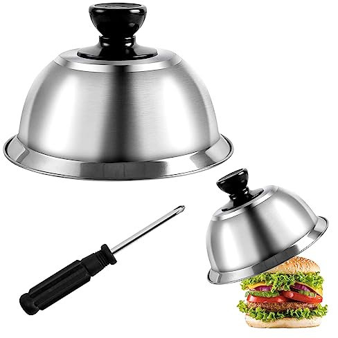 2 Stück Burgerhauben Burgercover 16 x 9 cm Edelstahl Burgerhauben Burgerglocken mit Verbrühungsschutzgriff für Cheeseburger Barbecue Steak