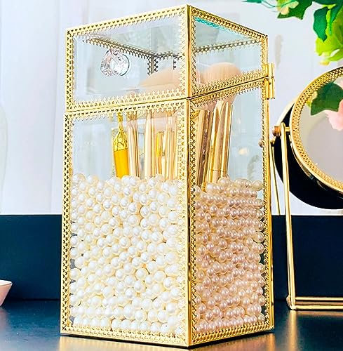 Pumtus Organizador de brochas de maquillaje con tapa, recipiente de vidrio para brochas de maquillaje, caja de almacenamiento transparente con perlas, decoración vintage a prueba de polvo para
