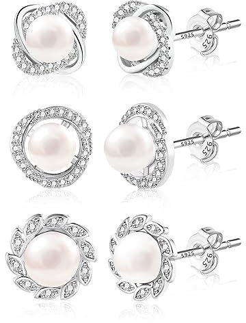 925 Sterling Silber Ohrringe Perlen Ohrstecker Set, Damen 3 Paar Kleine Ohrstecker Perlen, Weiß Süßwasserperlen Ohrringe Ohrstecker mit AAA+ Zirkon Strass Glitz Ohrringe Perlen Silber Damen