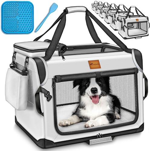 TRESKO® Hundebox faltbar inkl. Leckmatte, Spatel & Reflektoren XXL 92x63x63cm | Transportbox für Hunde und Katzen | Hundetransportbox Auto für kleine & große Hunde | Hundetasche robust Grau