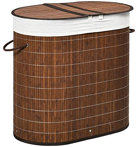 HOMCOM Bambus Wäschekorb mit Deckel 2 Fächer 100 L Wäschesammler mit Griffen, herausnehmbarer Wäschesack, Laundry Baskets Wäschesortierer für Waschküche Schlafzimmer Badezimmer, Braun