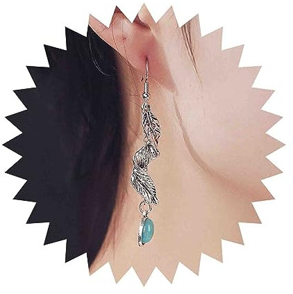 Dervivea Vintage Feder Türkis Tropfen Ohrringe Türkis Perle Tropfen Ohrringe Silber Feder Baumeln Ohrringe Türkis Stein Ohrringe Spirale Feder Haken Ohrringe Schmuck Für Frauen Und Mädchen