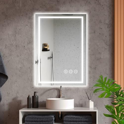 Ratsamee Badspiegel mit Beleuchtung LED, 50x70cm Spiegel mit Light, Wandspiegel mit Frontbeleuchtung, Antibeschlagfunktion, Dimmbar, mit 3 Einstellbaren Lichtfarben