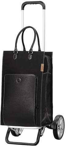 ANDERSEN Einkaufstrolley - Alu Star Shopper Charu schwarz | sehr leicht, höhenverstellbar, klein zusammenlegbar, bis 40 kg - Tasche aus Baumwolle, mit Leder, Innenfach, 49 L
