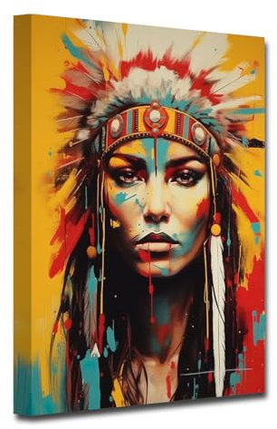 CXHOSTENT Leinwand Wandbilder der amerikanischen Ureinwohner indische Frau Kopfschmuck gefiederte Bilder Retro bunte indianische Stammes Kunstdrucke (B, 60.00 x 90.00 cms)