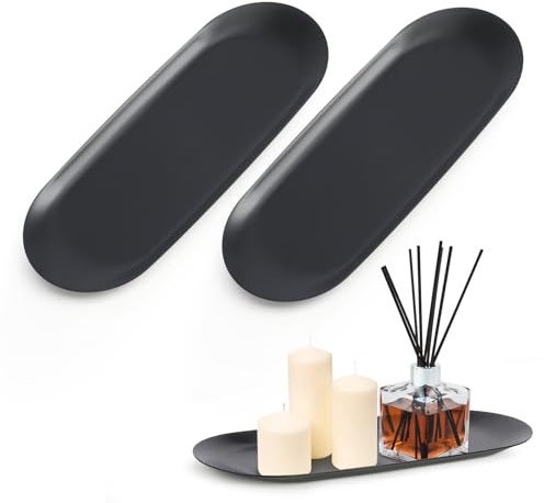 Edelstahl Deko Tablett Schwarz, 2 Stück Schminktisch Kleines Tablett Ablageschale Metall Servierteller Dekoteller für Dessert Kosmetik, Schmuck Kerzen Weihnachten und Partys