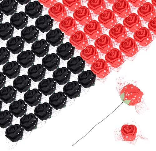 sourcing map Artificial Flowers, Black and Red Fake Roses with Lace for DIY Wedding Decor Floral Arrangements Bridal Valentines Day 144Pcs