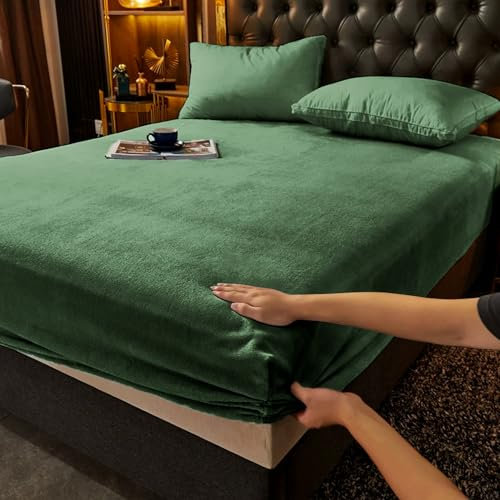 Gezu Spannbettlaken, 180 x 200 + 30 cm, grün, Bettlaken aus Wollflanell und Samt, Korallenrot, Matratzenschoner, warm, Winter, hypoallergen, bügelfrei, elastischer Saum, robust, bis zu 30 cm