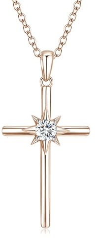 LOCIBLO April Birthstone Necklaces for Women 925 Sterling Silver Cross Pendant Rose Gold Cubic Zirconia Necklace Simulated Diamonds Crucifix Jewellery for Her, 16+2