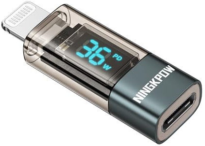 NINGKPOW Adattatore USB C a Lightning 36W Adattatore Lightning USB C con Display LED, PD Ricarica Rapida Adattatore iPhone USB C per iPhone 14 13 12 11 Pro Max, Pad Pro/Mini 6/Air 5, Pod Nano/Touch