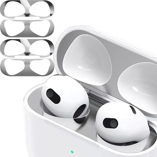 Staubschutz Sticker kompatibel mit AirPods 4(2024) Hülle, 2 Sätze Metallstaub Schutz Aufkleber, Ultraschlanke Folie, Überzug Staub schützen Drahtloser Ladekoffer (Silver + Silver)