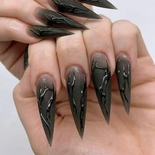 Faux Ongles Extrême Lunghe MouyouGlow,Stiletto Halloween Noir 3D Aura Cool Y2K Gothic Press on Nails avec Colle à Ongles,Fantasy Black Fake Nails