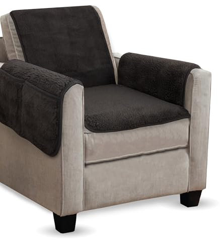 Sesselschoner Lammflor Optik (Anthrazit) - 140x144cm - Sesselauflage mit Armlehnen und Taschen - Sesselüberwurf ÖKO-Tex Schoner für Sessel - Überwurf