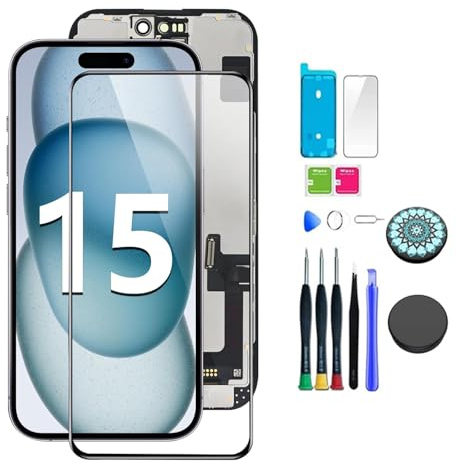 Holwarm Display für iPhone 15 OLED 6.1 Bildschirm Ersatz FHD Touchscreen 3D Touch Digitizer Rahmen und beliebte TelefonhalterungenMontage und Reparaturkits (15 OLED)