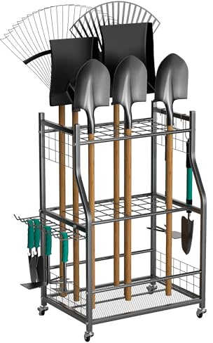 EVERHANGER Garden Tool Organizer Stand, Garage Tool Storage Organization, Yard Tool Racks with lockable wheels, Fit for Long-Handled Tools/Rakes/Brooms, Indoor/Outdoor Use