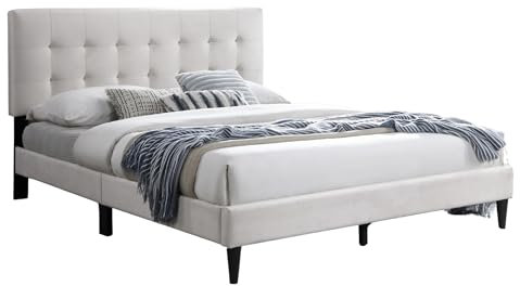 Bett 160x200 cm, Polsterbett mit Lattenrost, Bettgestell, Doppelbett mit weichem Bezug und gepolstertem Kopfteil mit Kassettensteppung, robustes Gestell, hoher Liegekomfort | Beige | 160x200 cm