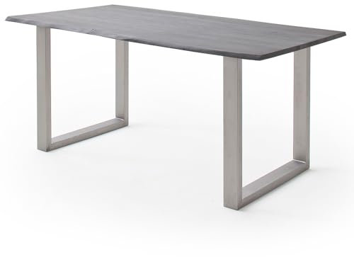 Lomadox Esszimmer Tisch Esstisch Massivholztisch 160x90 cm, Akazie massiv, grau sandgestrahlt, Massivholz/Echtholz, Metallgestell in U-Form, Edelstahl gebürstet