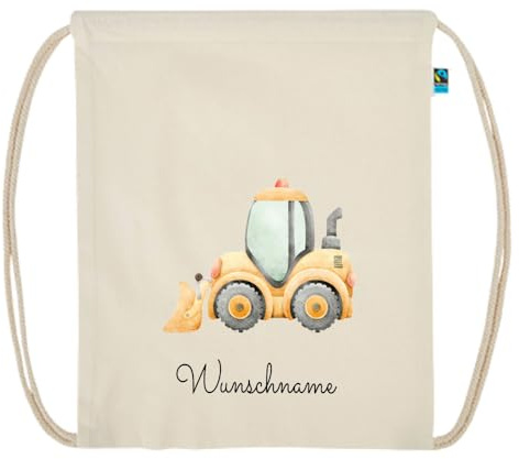 Personalisierter Turnbeutel aus Bio Baumwolle Wäschebeutel für Kinder Stoffbeutel mit Name und Motiv Fahrzeuge bedruckt (Bagger)